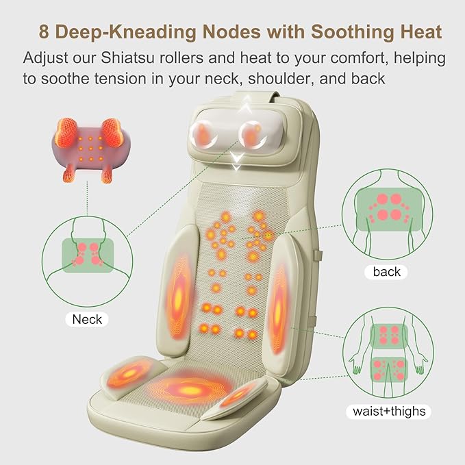 Rainwolf Shiatsu Neck and Back Massage Cushion with Heat - 4D Deep Tissue Kneading Full-Back Massager for Relief Tension Adjustable Intensity &amp Height for Office Chair &amp Home
