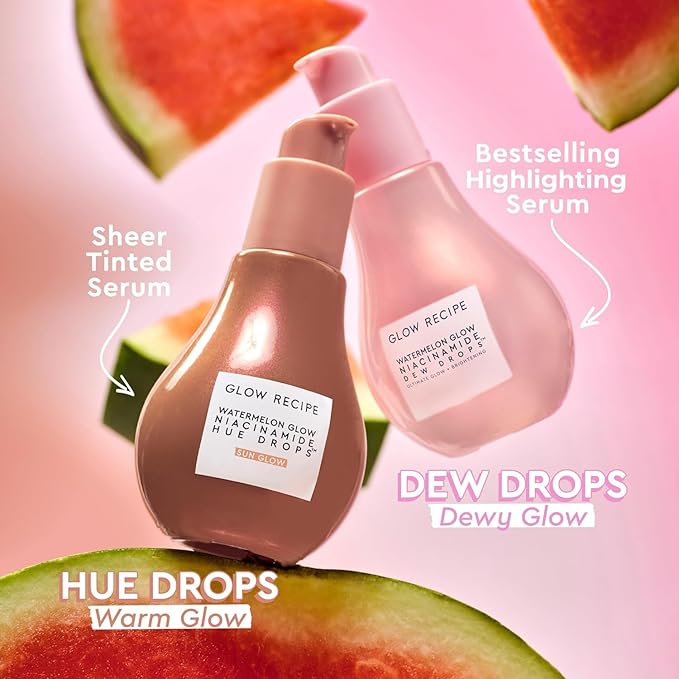 Glow Recipe Watermelon Daytime Trio - Watermelon Glow SPF Dew Balm Sunscreen (0.58 oz) + Niacinamide Dew Drops Serum with Hyaluronic Acid (40ml) + Hue Drops Tinted Serum Bronzer &amp Highlighter (40