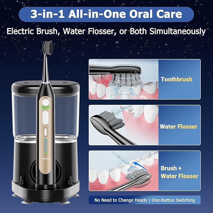 Electric Toothbrush with Water Flosser Upgraded 2.0 Electric Toothbrush for Adults 5 Floss Speeds &amp 3 Modes with 3 Brush + 1 Nozzle 500ML Tank IPX7 Waterproof for Braces &amp Gum Care (Black