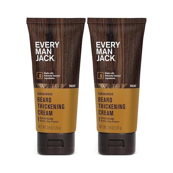 Every Man Jack Beard Thickening Cream - Strengthens Thickens Nourishes Beard - Light Sandalwood Scent - Made with Naturally Derived Ingredients like Biotin Vitamin B6 Soy Protein - 2.8oz - 2 Pack