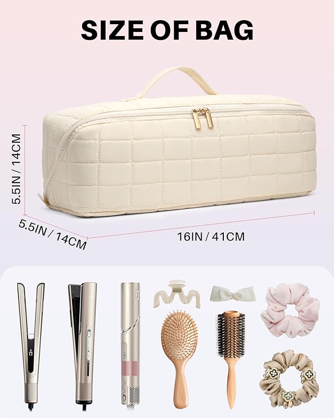 Hot Tools Travel Case with Heat Resistant Mat Pouch Large Hair Tool Organizer Bag for Curling Iron Flat Iron Hair Dryer Hot Air Brush Water Resistant Makeup Bag Gift for Women Beige