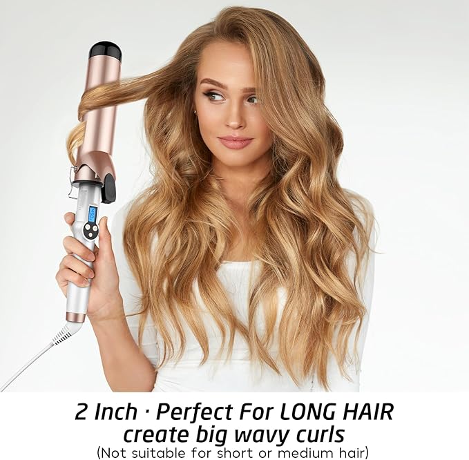 2 Inch Curling Iron Large Barrel Long Barrel Curling Wand Dual Voltage Ceramic Tourmaline Coating with LCD Display Glove Include