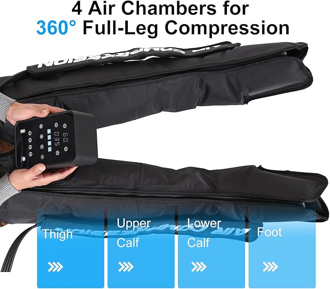 Air Compression Therapy System Rechargeable Leg Massager Dynamic Leg Compression Recovery Boots for Fast Recovery and Improved Circulation for Athletes (4 Chamber- XL)