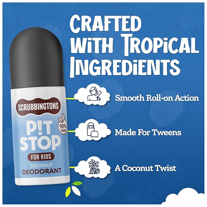 Scrubbingtons Pit Stop Kid’s Deodorant Children’s Roll-On Deodorant with Gentle Formulation Aluminium and Alcohol Free Coconut Scent – 75ml Quad Pack