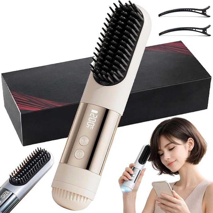 2026 Short Hair Styling ToolsCordless Styling Brush for Short HairUSB Rechargeable Portable Wireless Hair Straightening Brush3 Heat Settings &amp Led Screen for Travel (Beige)