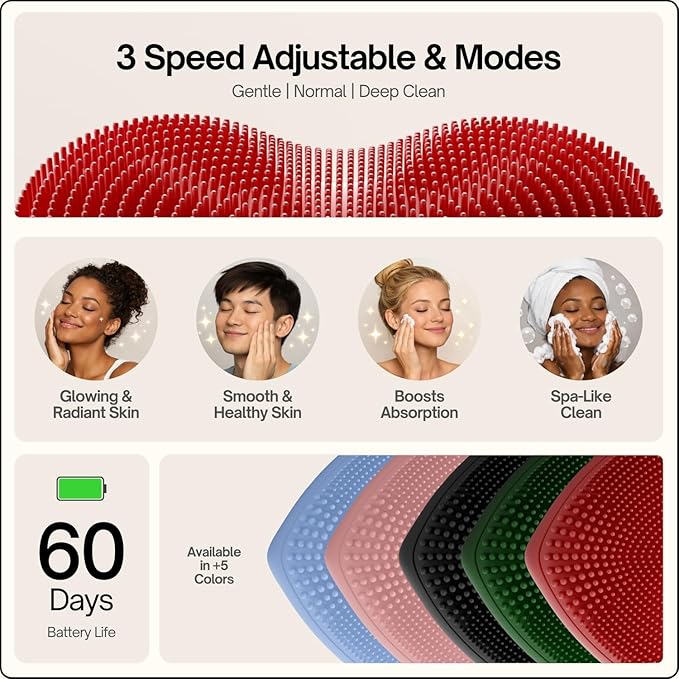 Heart Face Clean Pro⁺ - Electric Silicone Facial Scrubber for Acne with 7000+ Sonic Pulses - IPX7 Waterproof Rechargeable Exfoliator with Slip-Free Grip 3 Speed Settings &amp Phthalate-Free - Cherry