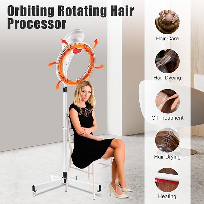 Orbiting Rotating Hair Processor Professional Stand Hair Dryer Standing Salon Dryer Oil Treatment Accelerator Heating Perm Styling for Beauty Salons Salons SPA Home Use (White)