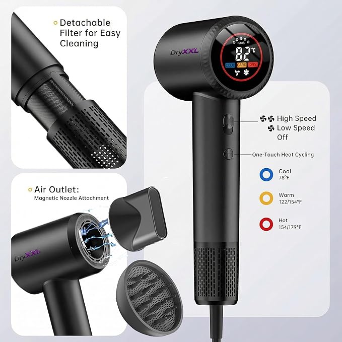Hair Dryer Professional Ionic Hair Dryer 1600W Ultra-Fast Drying 500 Million Negative Ions Low Noise 160000 RPM Compact Blow Dryer with Magnetic Diffuser (Night Black)