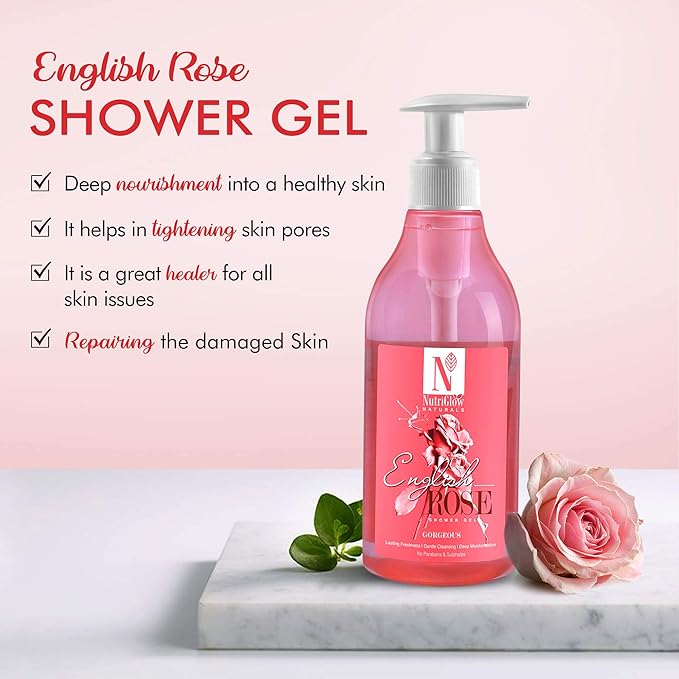 NUTRIGLOW NATURAL'S English Rose Shower Gel With Mulberry Extract For Long Lasting Freshness Gentle Cleansing Deep Moisturisation No Sulphates 300 ml
