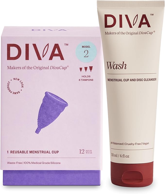 Diva Cup &amp Diva Wash Combo Pack - Medical Grade Silicone Cup for Period Care - Reusable Menstrual Cup - Cleaner for Period Cup - Cup Model 2 (for Wide Vaginal Canals Post-Partum &amp Ages 35+)