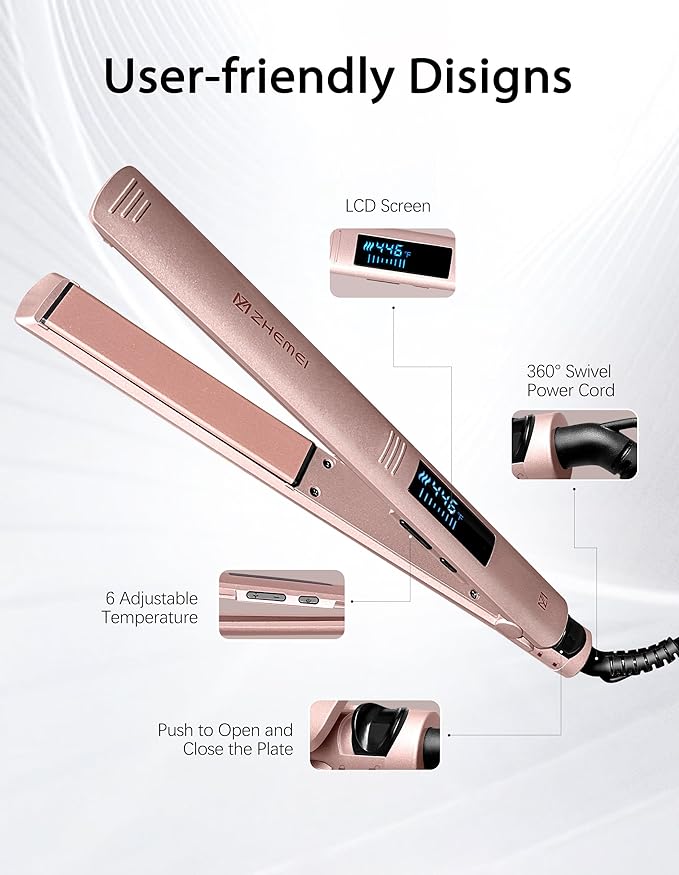 Hair Straightener 1 Inch Flat Iron Hair Straightener with LED Display Professional PTC Ceramic Negative Ion Hair Iron Dual Voltage for Women Hair Heats up to 446°F 6 Temps (Rosegold)