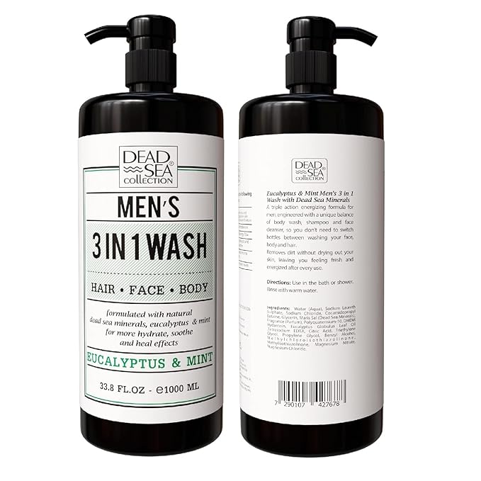 Dead Sea Collection Eucalyptus Mint Men’s Body Wash – 3 in 1 Body Wash for Men for Hair Face &amp Body – Moisturizing Shower Gel with Dead Sea Minerals – Pack of 2 (33.8 fl oz each)