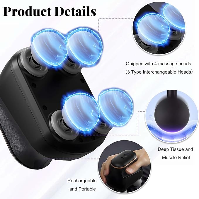 2025 New 4-Head Deep Tissue Electric Percussion Massager for Muscle Relaxation - 5 Adjustable Levels Rechargeable Vibration Massage Device for Neck Back Shoulder Leg (Black)
