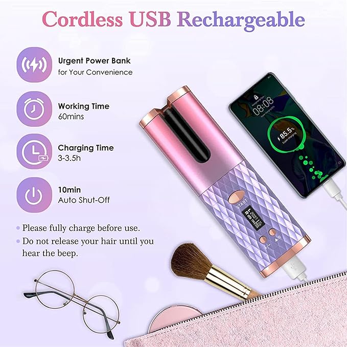 Automatic Curling Iron Wireless Auto Rotat Ceramic Hair Curler Cordless Automatic Hair Curler with LCD Display 6 Temps and Timers USB Charging Auto Shut-Off Create Stunning Curls