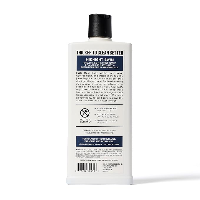 Duke Cannon Supply Co. Thick High Viscosity Body Wash - 3X Thicker Plant-Based Mineral-Enriched Body Wash for Men - Mens Body Scrub - Sawtooth Bourbon Midnight Swim &amp Superior