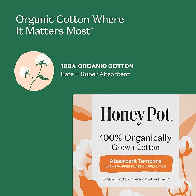 The Honey Pot Company - Super Absorbency - 100% Organic Cotton Core Tampons w/Bio Plastic Applicator - Feminine Care – Unscented - 54 Count (3 Packs of 18)