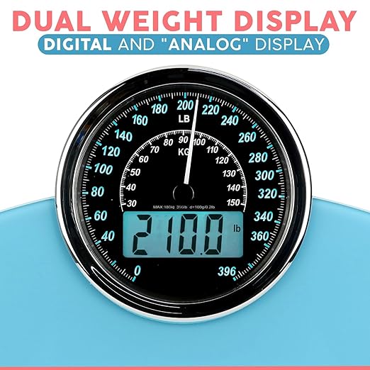 Adamson Hybrid 2-in-1 Analog &amp Digital Weighing Scale for Body Weight up to 400lbs - Thick Tempered Glass - Extra Large Display - Easy to Read Digital Bathroom Scale - New - Light Blue