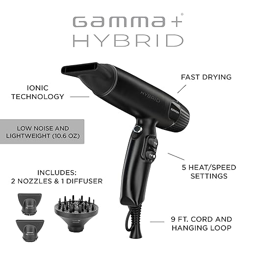 GAMMA+ Hybrid Professional Hair Dryer Lightweight Ionic Technology Low Noise with 2 Nozzles and Diffuser