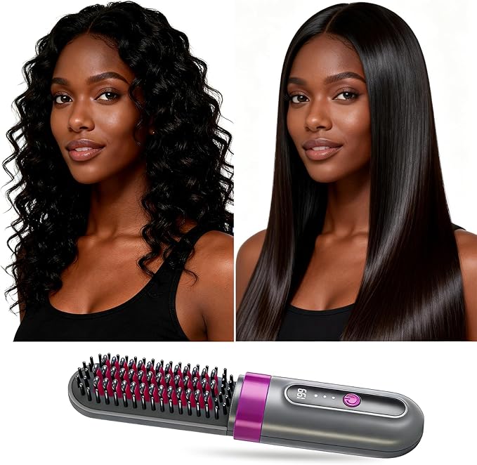 Cordless Hair Straightener Brush - Portable Fast-Heating Styling Tool with Protective Dust Cover - 3 Temperature Settings 300 Million Negative Ions for Frizz-Free Styling On-the-Go &amp Travel Use