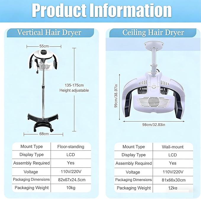 Wall Mounted/Vertical Hair Dryer for Salon with Hood &amp Hair Steamer Cordless Hair Dryer with Stand Professional Hair Drying Tool for Hair Salon Hanging Design for Space-Save(Standing Type)
