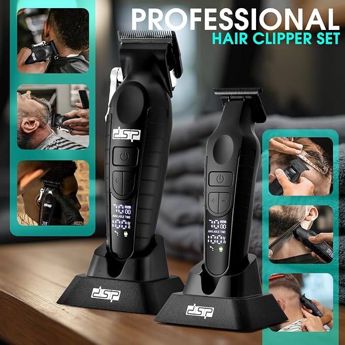 DSP Professional Hair Clippers Set for Men Cordless Barber Clipper Beard Trimmer DLC USB Rechargeable Speeds Adjustable Travel Lock Low Noise with Charging Base