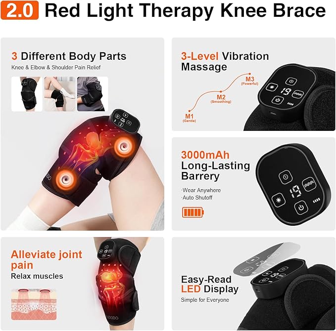 Red Light Therapy Knee Brace with Massage Cordless Knee Massager with Heat and Red Light Therapy Infrared Red Light Wrap for Knee Joint Heated Therapy Device 660nm&amp850nm (Pair)