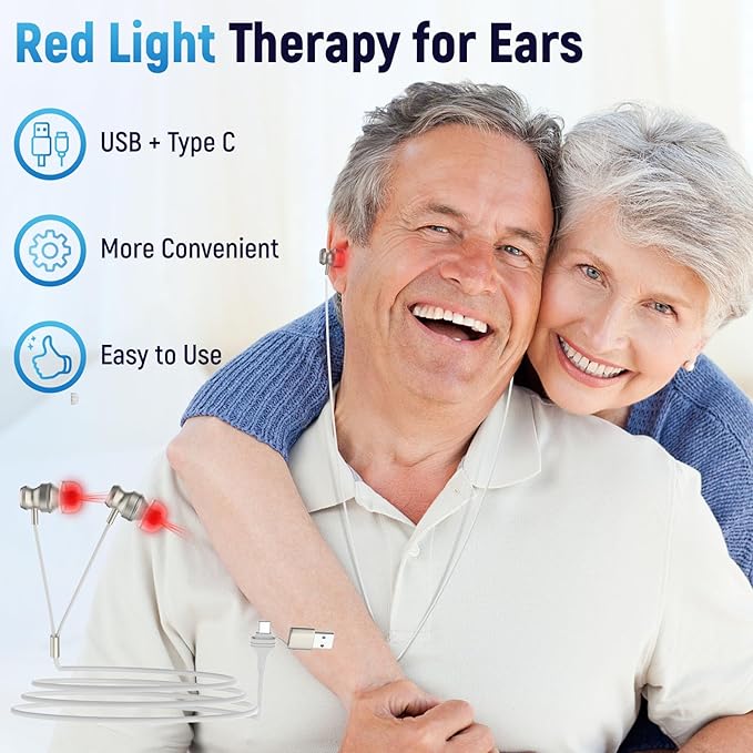 Red Light Therapy for Ears 650NM Red Light Earbuds Portable USB and Type-C Dual-Use Ear Wellness Device with Storage Case and Soft Silicone Tips