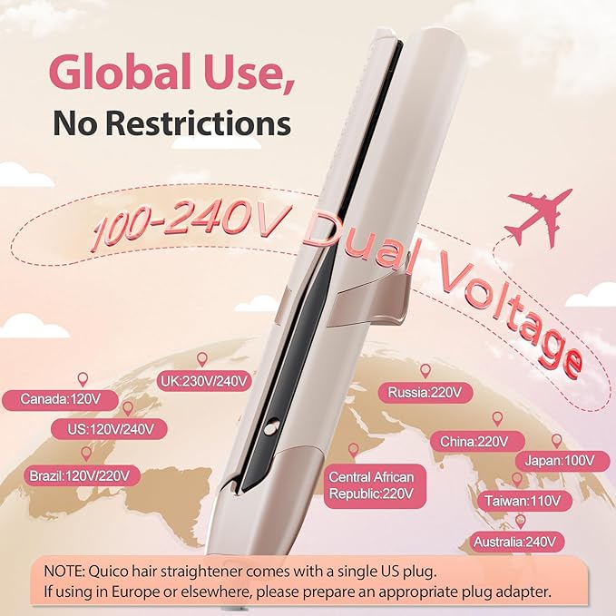 Upgraded Hair Air Straightener Quico Dual Voltage High-Speed Airflow 2 in 1 Straightener and Curler Travel Airstraight 5 Temps Ionic Care Flat Iron Hair Straightener 100-240V No Heat Damage Pink