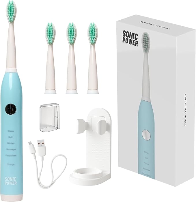 Electric Toothbrush Kit Ultra Portable &amp Lightweight with 5 Cleaning Modes 1 Year Supply of Brush Heads Rechargeable Battery Mirror Mount &amp Travel Cap Included (Blue)
