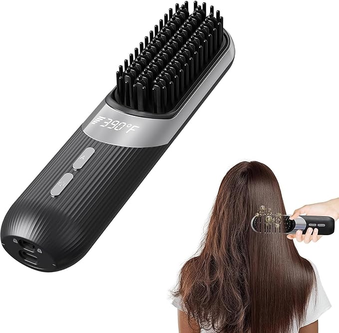 2-in-1 Cordless Hair Styling Brush &amp Straightener - Smart with 4 Temperature Settings Fast 30-Second Heating USB Rechargeable Travel Flat Iron with Pouch Ceramic Plates (Black)