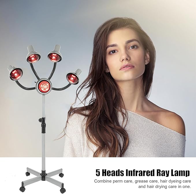 Hair Dryer 5 Head Infrared Heat Lamp 750W Hair Color Processor Adjusting Height Styling Perming Dryer Salon Heat Lamp Chrome Arms Metal