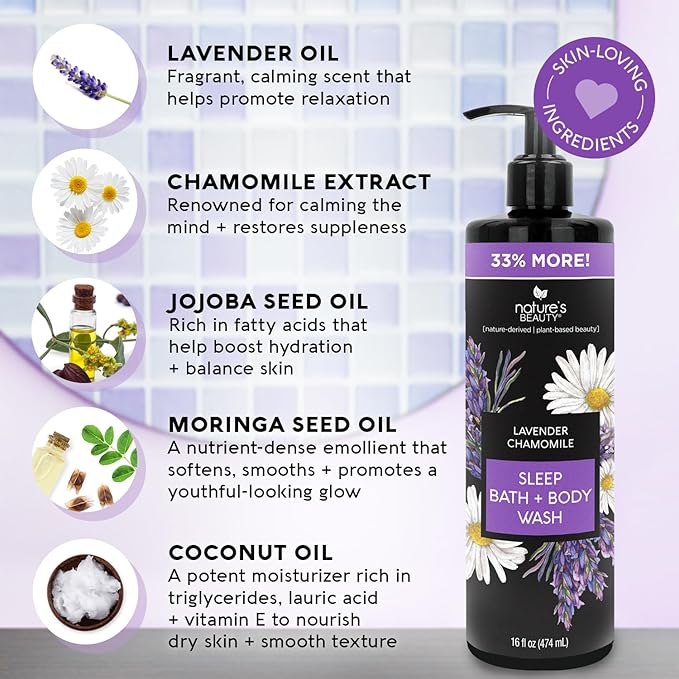 Nature's Beauty Lavender Chamomile Sleep Body Wash for Women Multi-Pack- Gentle Bath + Body Cleanser Sooth and Calm Combination to Dry Skin Made w/Coconut Jojoba + Moringa Seed Oils 16floz (2 Pack)