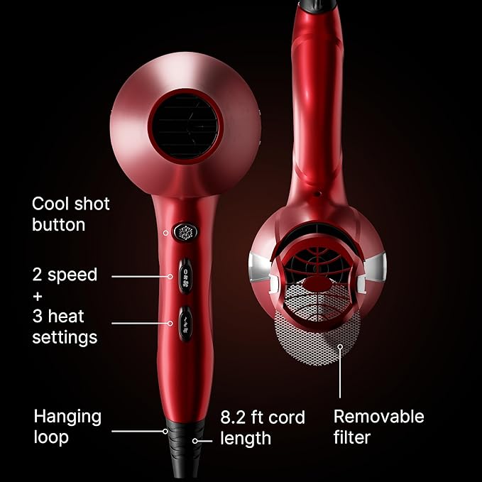 TREZORO Professional Hair Dryer Ionic Ceramic Tourmaline Technology 2000W Fast Quiet Drying with Narrow &amp Wide Concentrator Nozzles 3 Heat &amp 2 Speed Settings Cool Shot Button Red