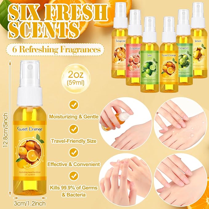 12 Pcs Hydrating Hand Sanitizer Spray Scented Hand Sanitizer Bulk Travel Size 2 Fl oz Pocket Portable Mandarin Scent Antibacterial Sanitizes Mist for Adults Office Family School Nurse Travel