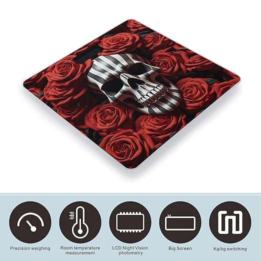Skull in Flower Scale for Body Weight Anti-Slip Tempered Glass Digital Bathroom Scales Clear LCD Display Weighing Scale Safe Rounded Corners Smart Scales