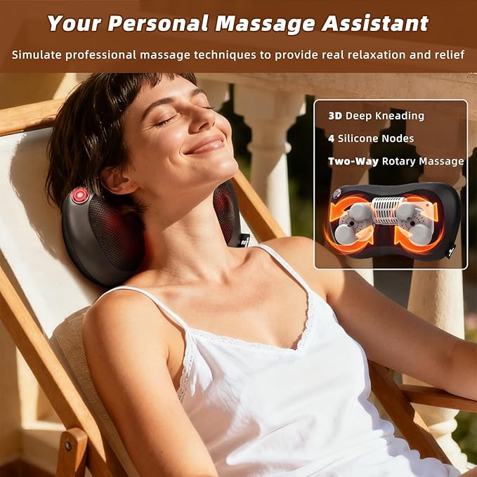 Zenopax Shiatsu Neck and Back Massager with Heat 3D Deep Tissue Kneading Cordless Rechargeable Electric Massage Pillow for Muscle Pain Relief Use at Home Car Office Gifts for Men Women
