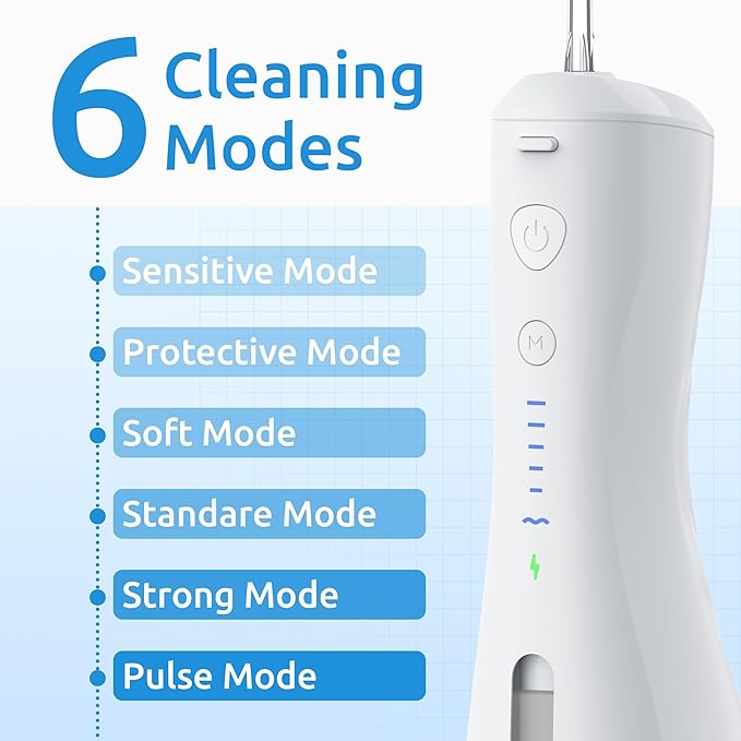 Water Flosser [Dental Cordless Portable] 6 Modes &amp IPX7 Waterproof Rechargeable Oral Irrigator Water Teeth Cleaner Floss Pick Home Use WaterFlossers for Braces Bridges/Gum Care (White)