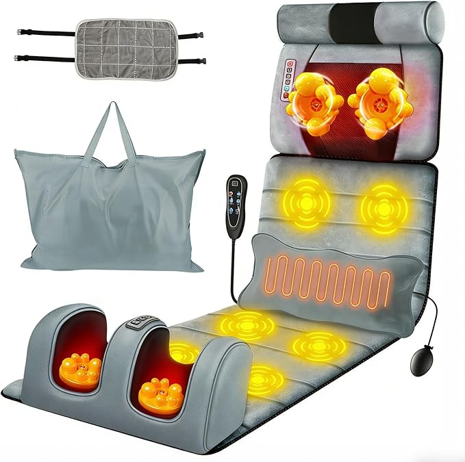 Full Body Massage Mat with HeatElectric Massage Pad W/ Detachable Neck Massager&ampFoot Massager3 Heated Levels 10 Vibrating Nodes W/Inflatable Head Pillow Lumbar PillowTimer Earplugs for Home Use