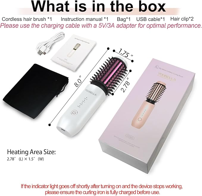 Youbella Cordless Hair Curling Iron Brush Mini Travel Hot Straightener Comb 3-in-1 Portable Wave Curling Wand 1.5″ Ionic Heated Brush USB Rechargeable Hair Curler White – No Automatic Rotation