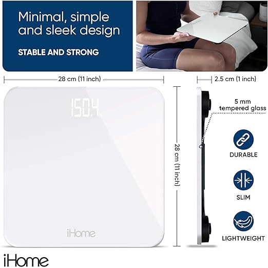 iHome Digital Scale Bathroom Scale Batteries Included Scale Body Weight Weight Scale Digital Scale Bathroom Scales for Weight Digital Scales for Body Weight (White)