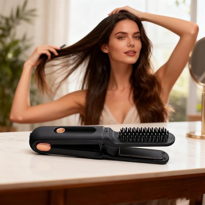 Flat Iron Hair Straightener | 2-in-1 LED Display Rechargeable Brush3 Temperature Settings Hair Straightener and Curler | for Women Men Travel Beach Styling Salon Home