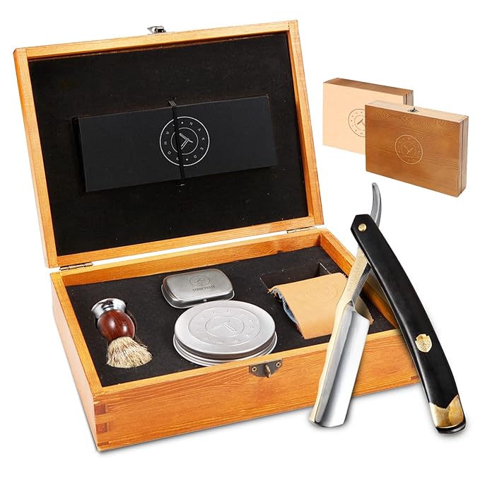 Complete Straight Razor Kit - Straight Razor Shaving Kit for Men with Gold Japanese Stainless Steel Blade Leather Strop Shave Soap Shaving Brush Strop Paste Leather Case Gift Box