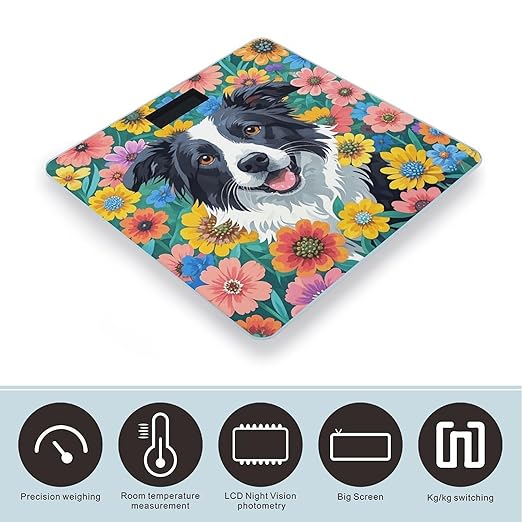 Border Collie Florals Weight Scale Large Digital Bathroom Scales with Bright LED Display Non Slip Digital Scale and Step On Fashion Weighing Machine for Body