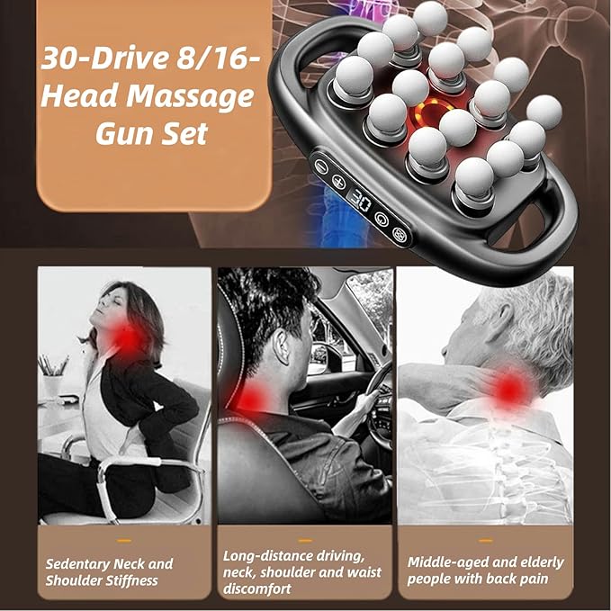 16-Drive 8-Head Massage Gun SetMassage Gun with 16 Attachments &amp Red Light Therapy - Quiet 8-Speed Muscle Massager for BackLegsFull Body Pain ReliefRecovery and Relaxation (Black-8)