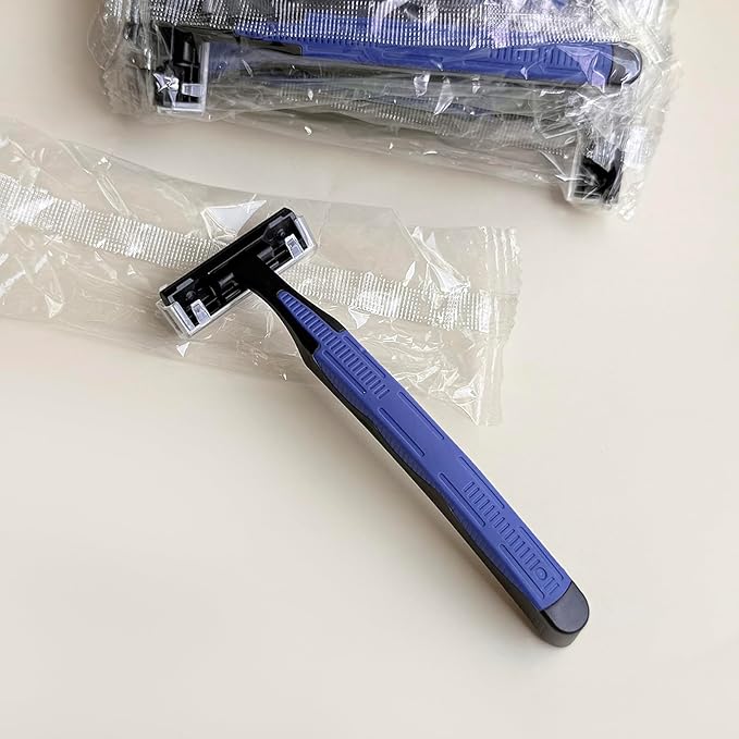 Individually Wrapped 3 Blades Razors Bulk Travel Size Disposable Manual Razors with Stainless Steel Blade (Blue) (100)