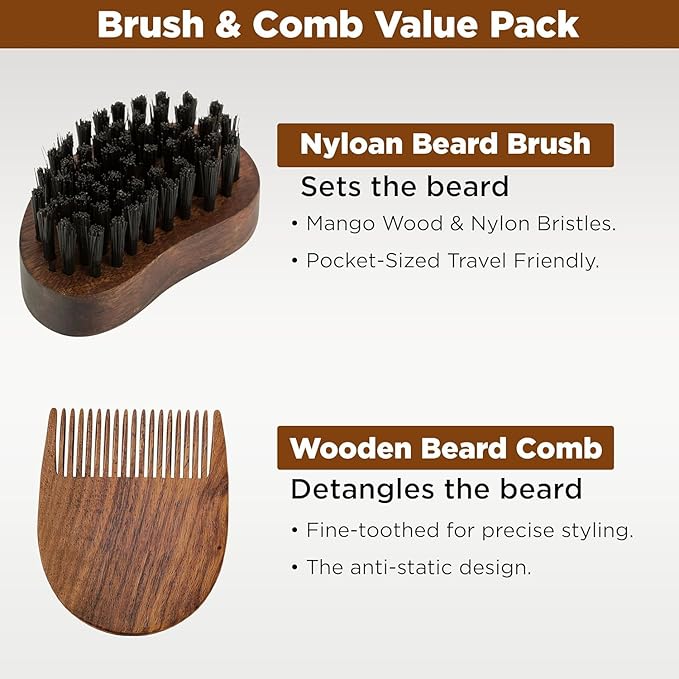 Beard Brush and Beard Comb Grooming Kit for Men Nylon Bristles Brush with Wooden Styling Comb Includes Carry Pouch