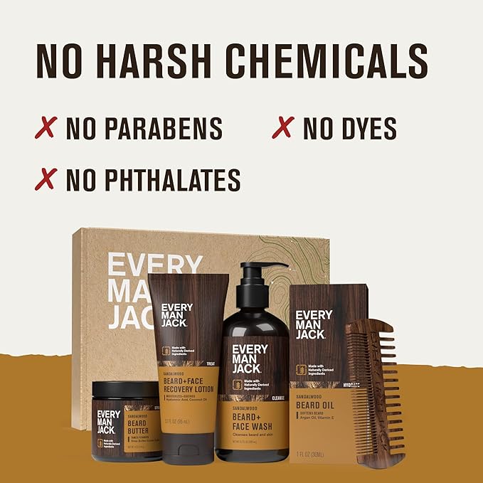 Every Man Jack Beard Essentials Gift Set for Men – Complete Routine with 5 Full-Size Essentials – Sandalwood Scent - Beard &amp Face Wash Lotion Oil Butter &amp Comb