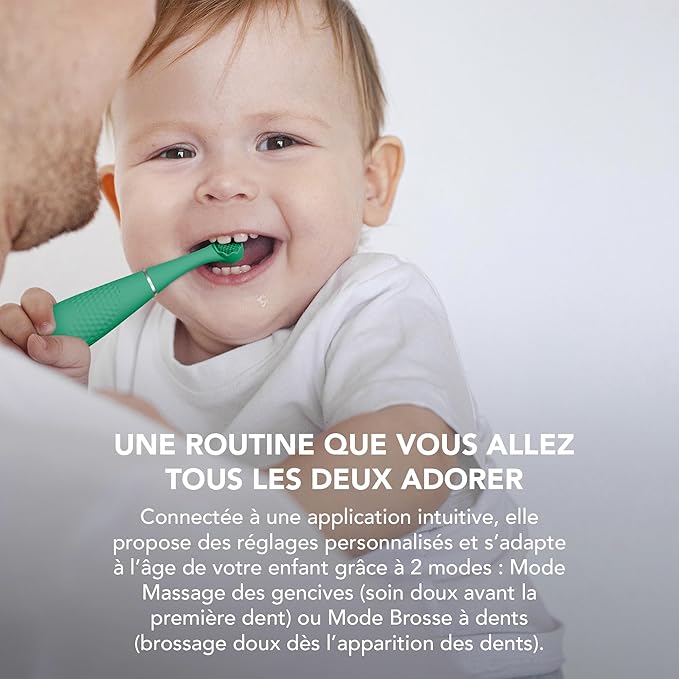 FOREO ISSA 4 Baby – Silicone Sonic Electric Toothbrush Bundle for Babies 2-Sided Bristles Fun Smile Feature Gum Massage 12 Months of Care with Extra Brush Head Travel-Friendly - Kiwi Green