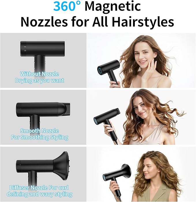 Professional High Speed Ionic Hair Dryer | Ultra-Fast Drying | Low Noise | 110000 RPM |Metal Body |Household Travel| Compact Blow Dryer with Magnetic Diffuser for Faster Drying All Hair Types
