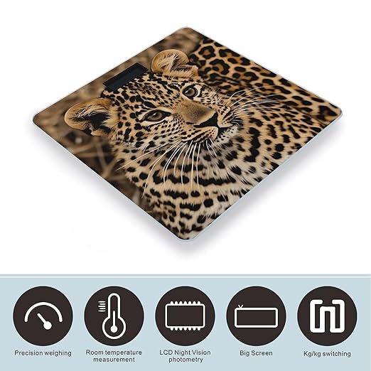 Cute Leopard Scale for Body Weight Anti-Slip Sturdy Tempered Glass Weighing Machine Highly Digital Accurate Bright LCD Bathroom Scale for Household Gift